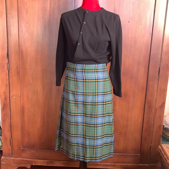 Authentic Vintage Wool Kilt Blue Green Plaid Leather Straps - Picture 1 of 14